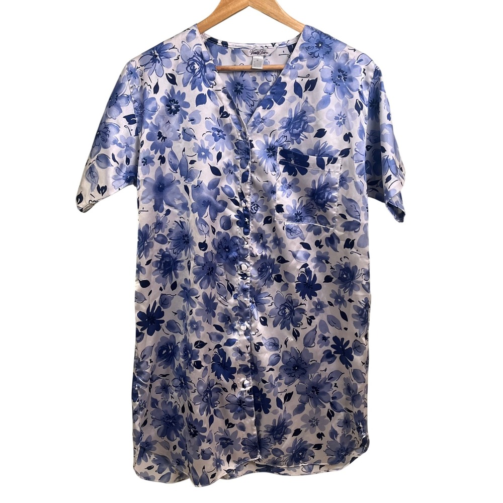Vanity Fair Blue‎ White Floral Button Down Collared Nightgown Sleepwear Medium